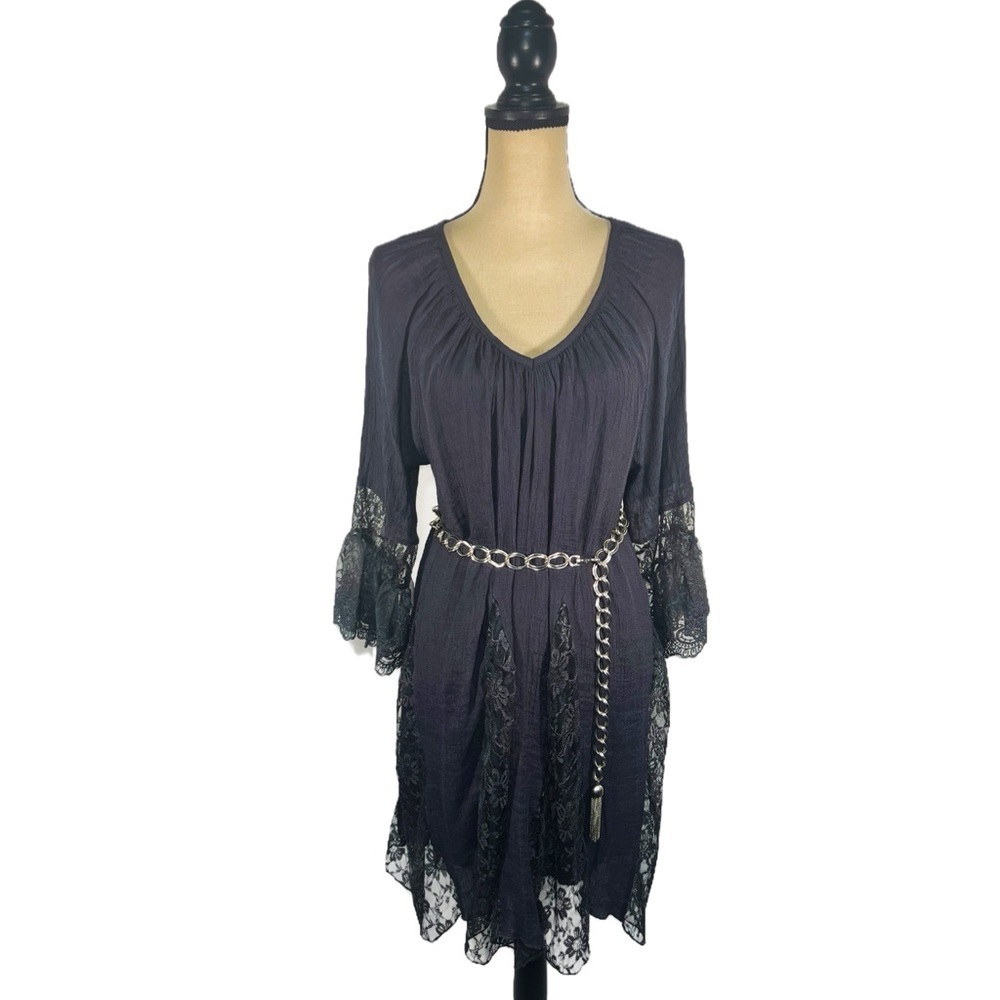 Angel Heart Boho Dark Grey Dress Lace Insert Peasant Lace Tunic Gypsy size 2X - Picture 2 of 8